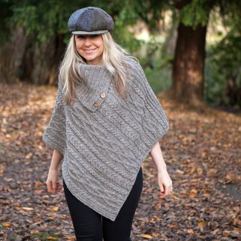 Grey British wool ladies Aran poncho on female model