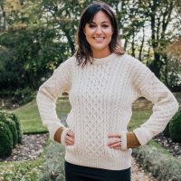 Aran jumper crew neck collar on model