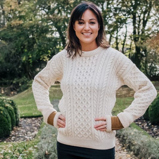 Aran jumper crew neck collar on model