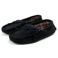 Navy Moccasins with Tartan Fabric Lining