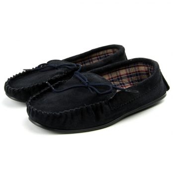 Navy Moccasins with Tartan Fabric Lining