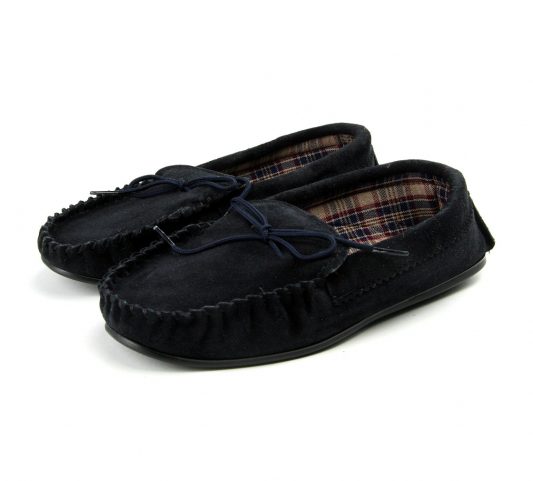 Navy Moccasins with Tartan Fabric Lining
