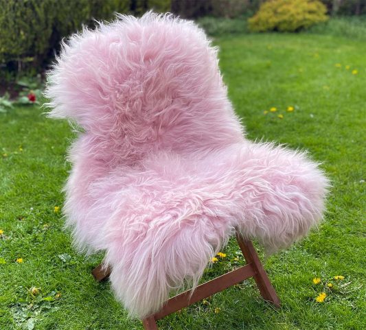 Pink icelandic sheepskin rug on a chair