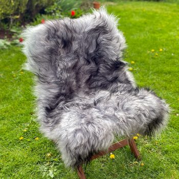 Silver with black tips icelandic sheepskin rug on a chair