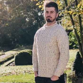 Curly collar aran jumper on male model