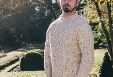 Curly collar aran jumper on male model