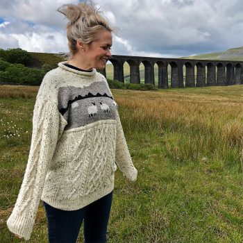 Female wearing Dales sheep jumper