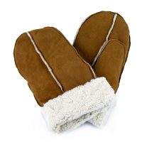 Tan pieced sheepskin mittens with white cuff