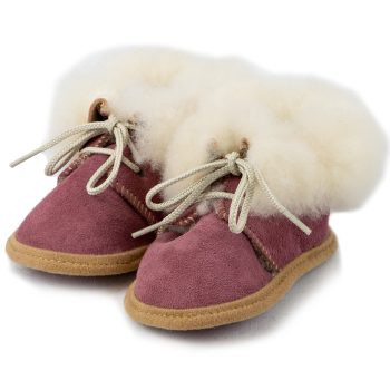 Purple sheepskin baby boottees with a white fluffy collar