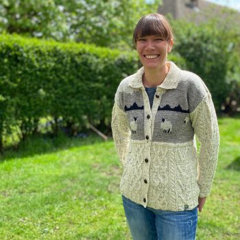 Model in British Wool Glencroft Dales Sheep cardigan