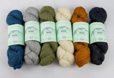 7 different colours of Clapdale Wool Hand knit hanks side by side