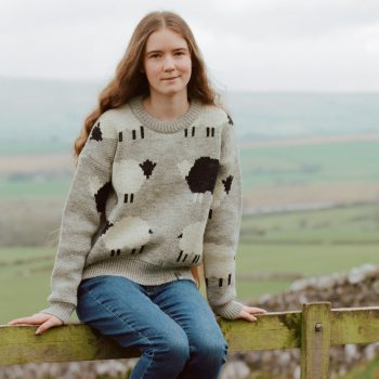 Lady wearing Glencroft British Wool Martha sheep jumper while sitting on fence in Yorkshire Dales