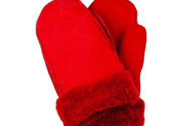 Bright red sheepskin mittens with a red cuff