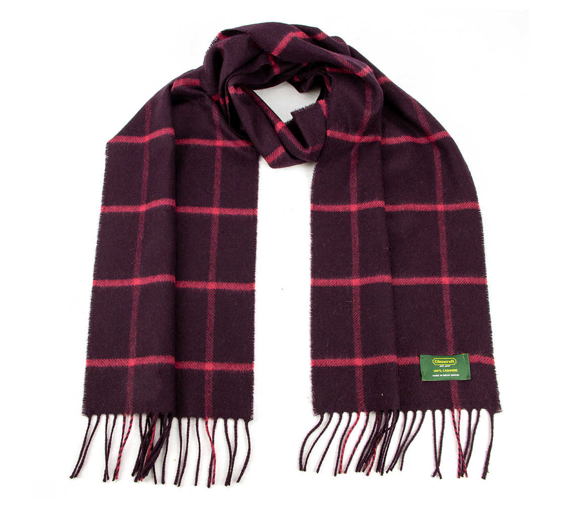 Maroon and red windowpane check cashmere scarf